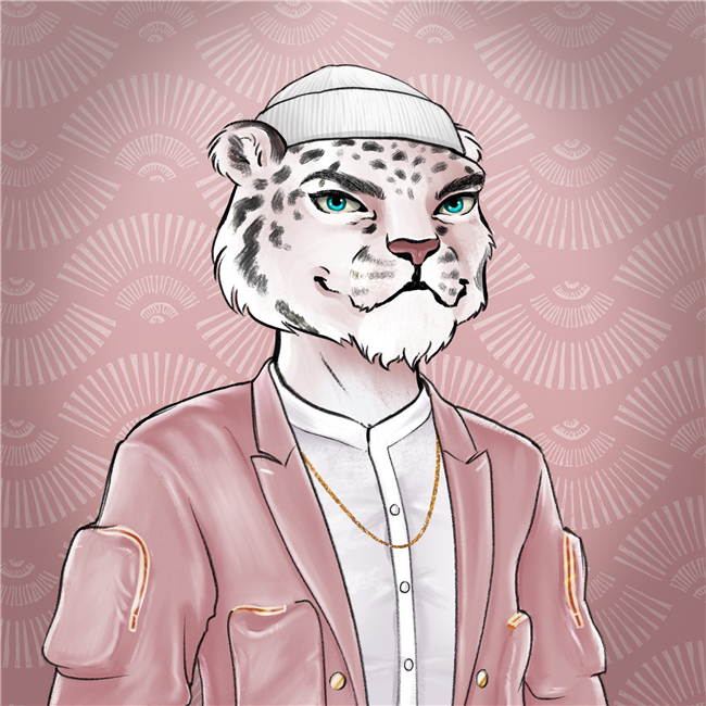 An NFT of a male pink leopard with blue eyes, a pink beanie, a pink jacket, button up shirt, and gold necklace.