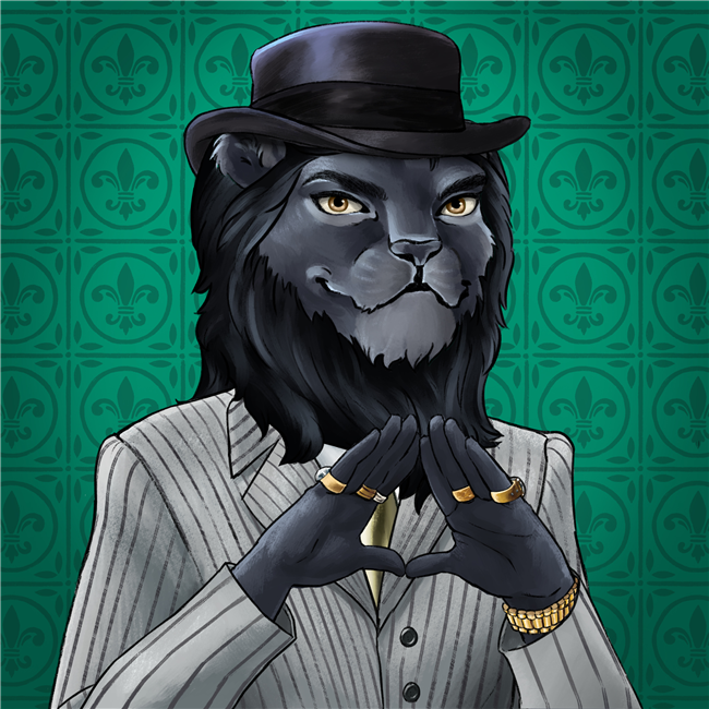 An NFT image of a male lion with black fur wearing a hat and gray pinstriped suit holding his hands in a triangle shape.