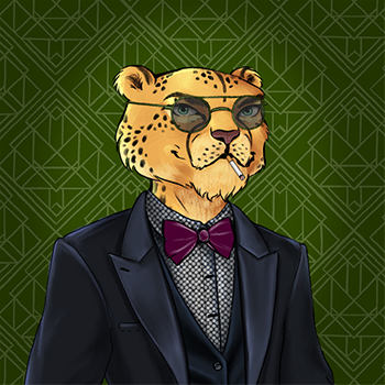 A leopard wearing a suit with a red velvet bow tie. He's wearing sunglasses and has a cigarette in his mouth.