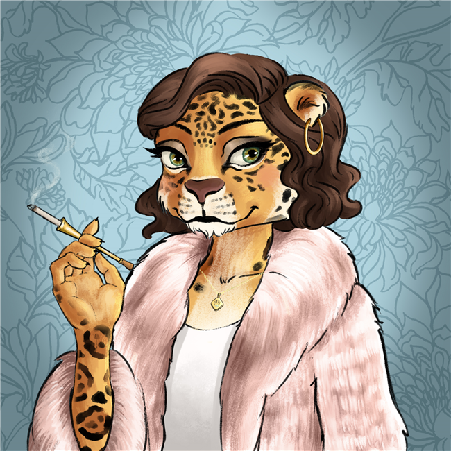 An NFT image of a female jaguar wearing a furry light pink coat over a white tank top accessorized by a gold hoop earring.