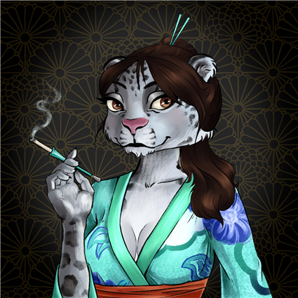 An NFT image of a female snow leopard wearing a Japanese-inspired flowered kimono and holding a cigarette holder accessory