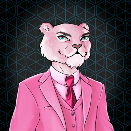 An NFT image of a male jaguar with pink panther fur wearing a pink suit and tie with geometric black and teal background.