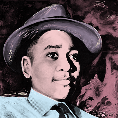 An artist's rendering of Emmett Till. He's drawn wearing a blue button-up shirt and tie with a grey fedora hat.