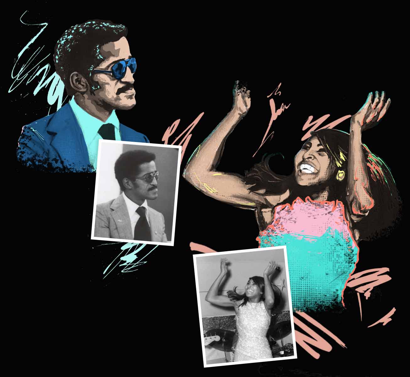 Side-by-side artistic illustrations of Sammy Davis Jr. and Tina Turner, with matching black-and-white photos.