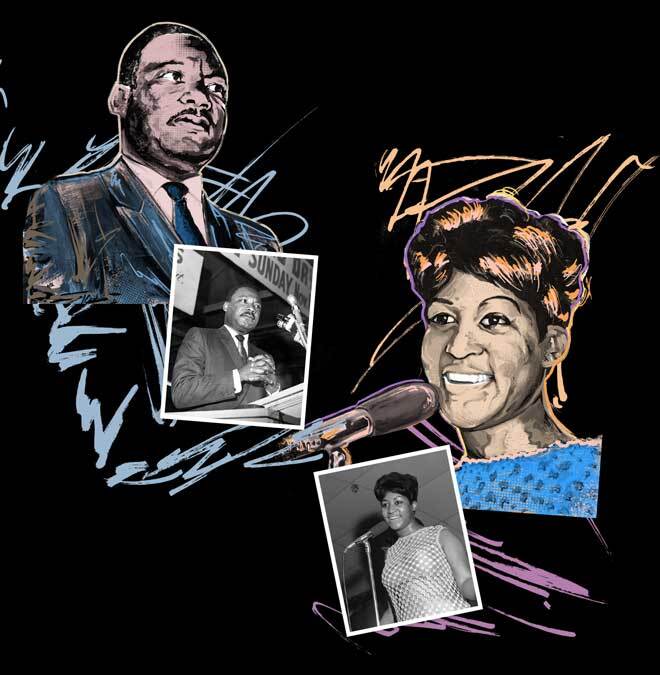 Side-by-side artistic illustrations of MLK and Aretha Franklin, with matching black-and-white photographs next to them.