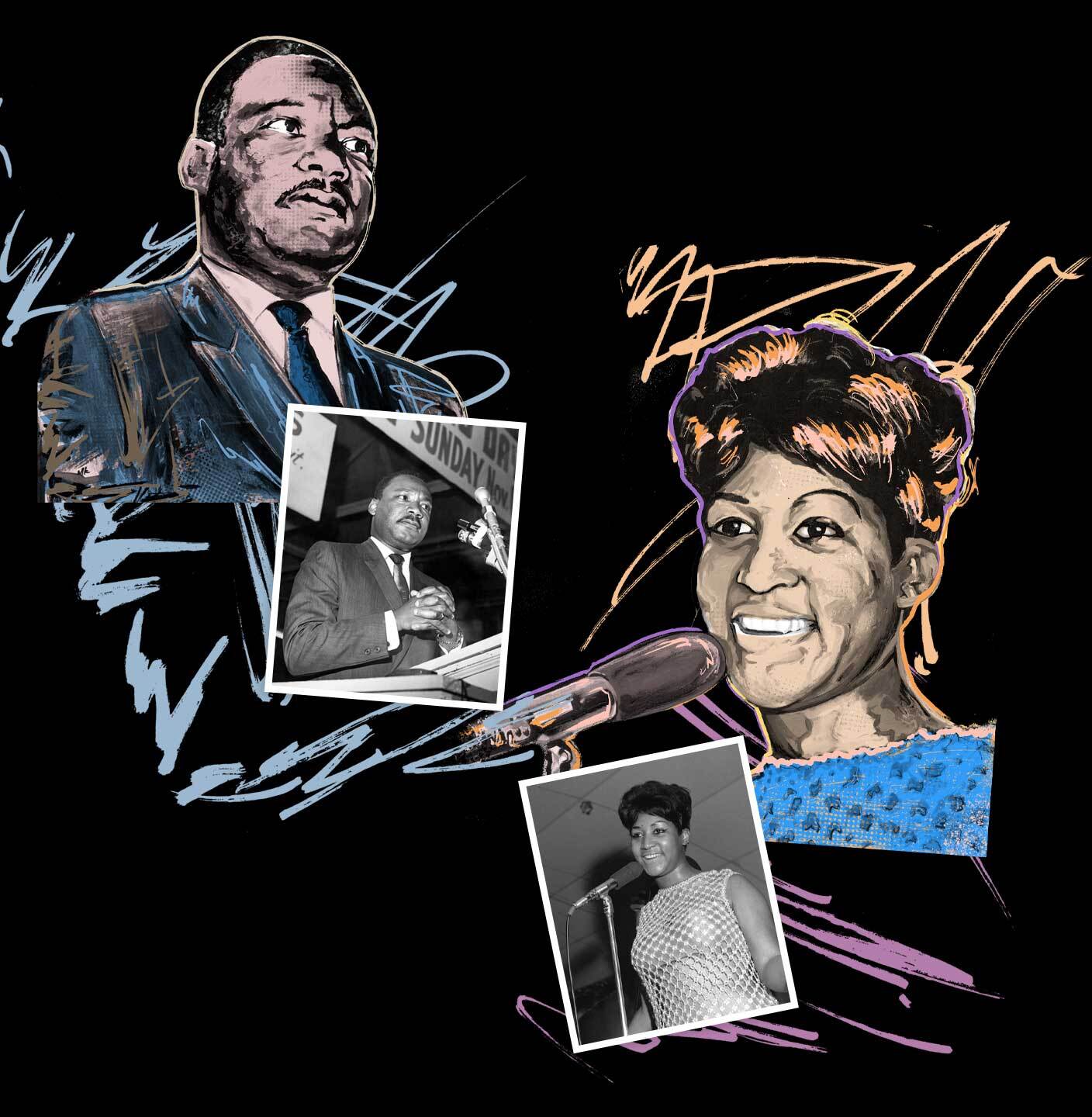 Side-by-side artistic illustrations of MLK and Aretha Franklin, with matching black-and-white photographs next to them.