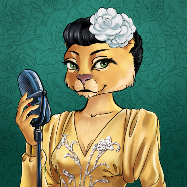 An NFT image of a female lion in a satin dress holding a microphone inspired by Billie Holiday celebrating civil rights Icons