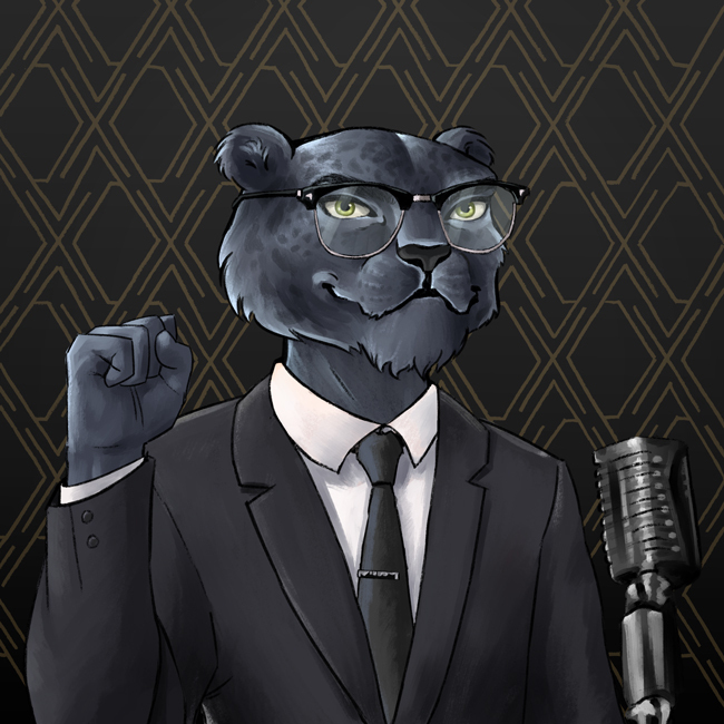 An NFT image of a male jaguar with black fur, suit, and glasses inspired by Malcolm X celebrating civil rights Icons