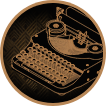 A drawing of a black typewriter with gold line art, set against a black background with a gold diamond texture.