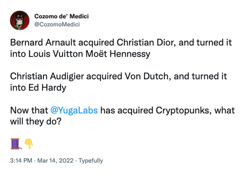 A screenshot of a Tweet by Twitter user @CozomoMedici from March 14, 2022 with the text quoted below.