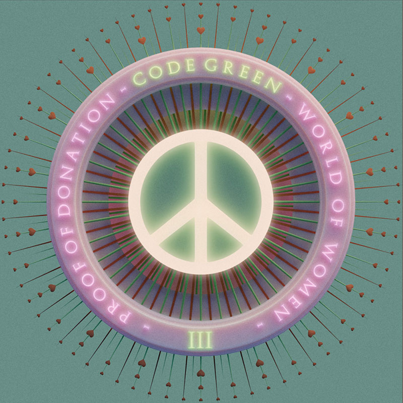 A World of Women Code Green NFT with a bright peace sign in a pink frame on a green background.