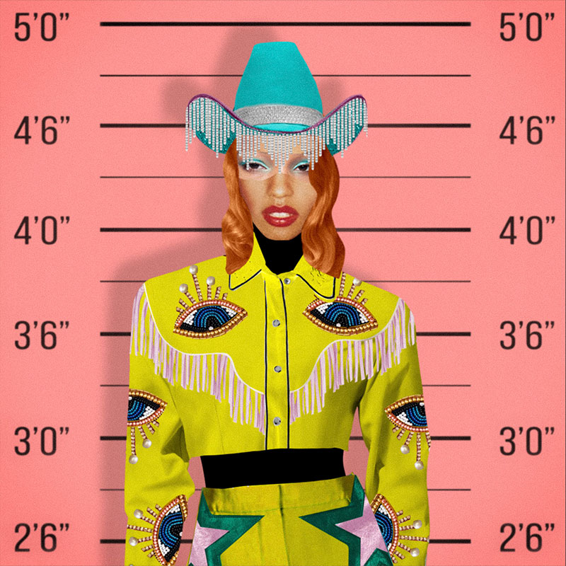 A Computer Cowgirls NFT created with a collage of different image. She has red hair, a teal cowboy hat, and a yellow shirt with beaded eyes.