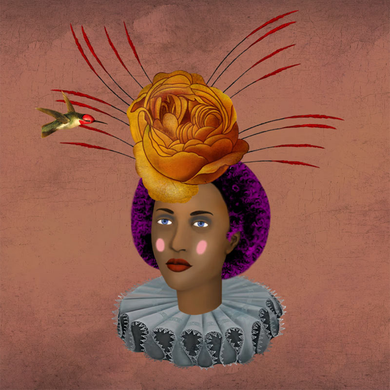 A Flower Girls NFT of a Black woman with curly purple hair, a blue collar, and an orange blossom on her head.