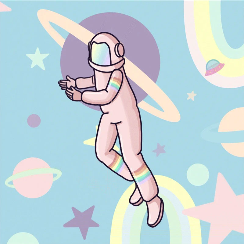 A HUG NFT of an astronaut wearing a pink suit with rainbow trim, against a backdrop with pastel planets.