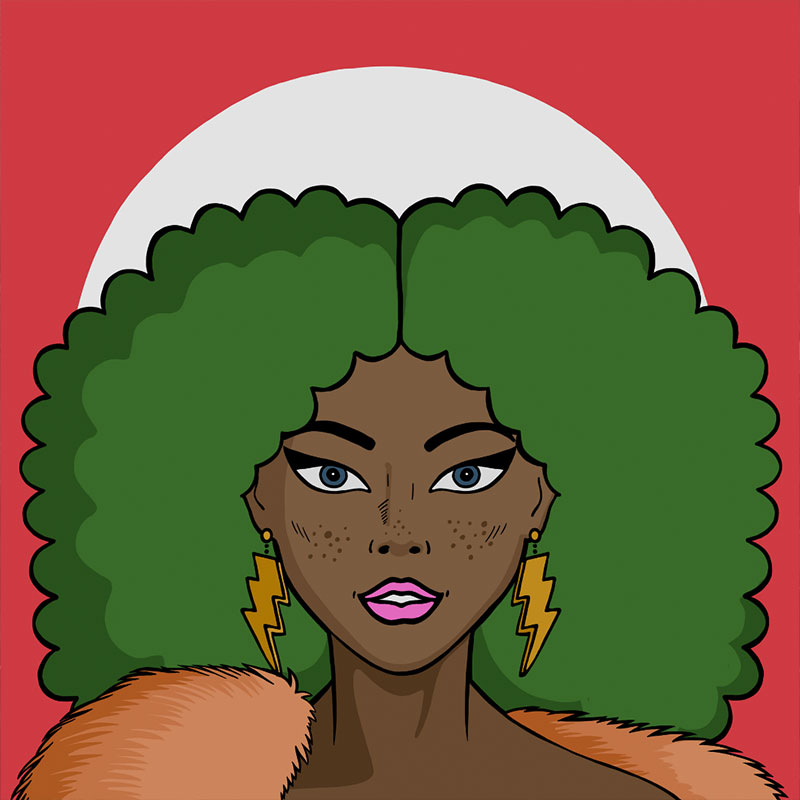 A Rebel Society NFT with green curly hair, lightning bolt earrings, and a fur collar against a red background.