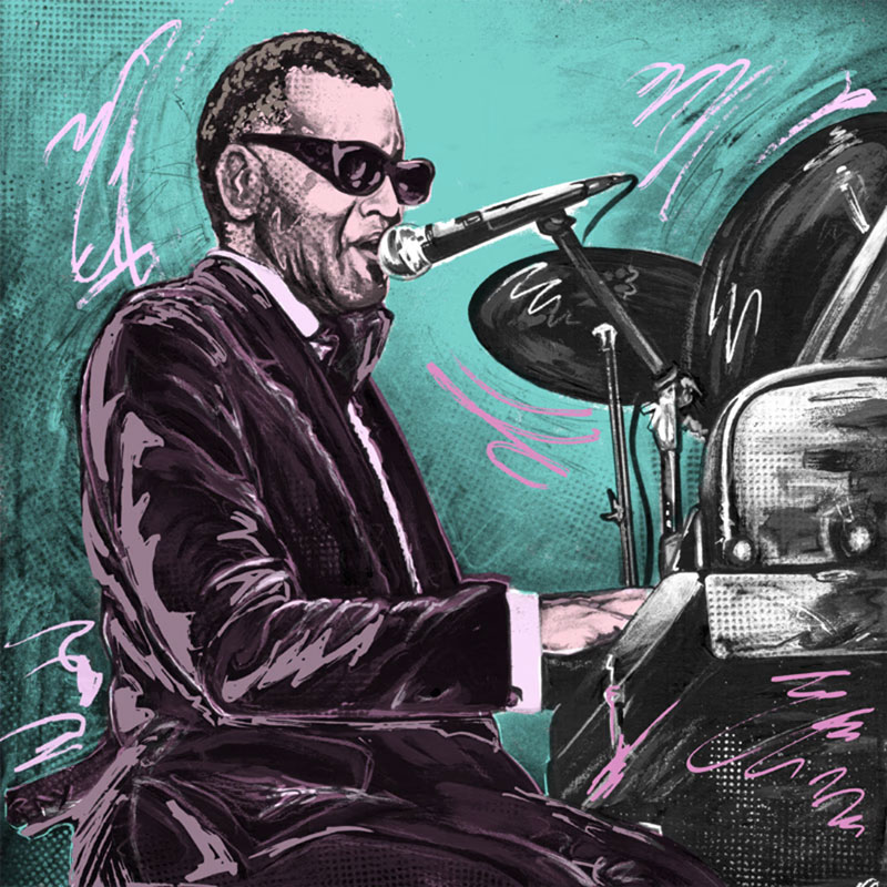An NFT from The Withers Art Project featuring Ray Charles against a teal background with pink accents.