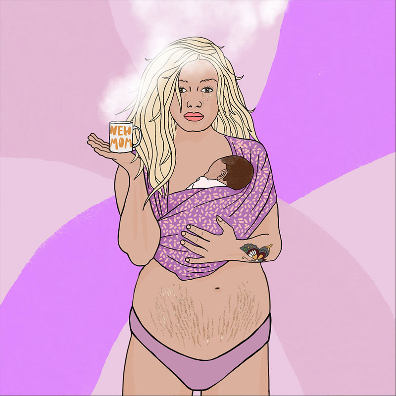 An NFT from The Woman Collective with a blond woman with glittering stretch marks holding a ‘New Mom’ mug and a baby in a purple sling.