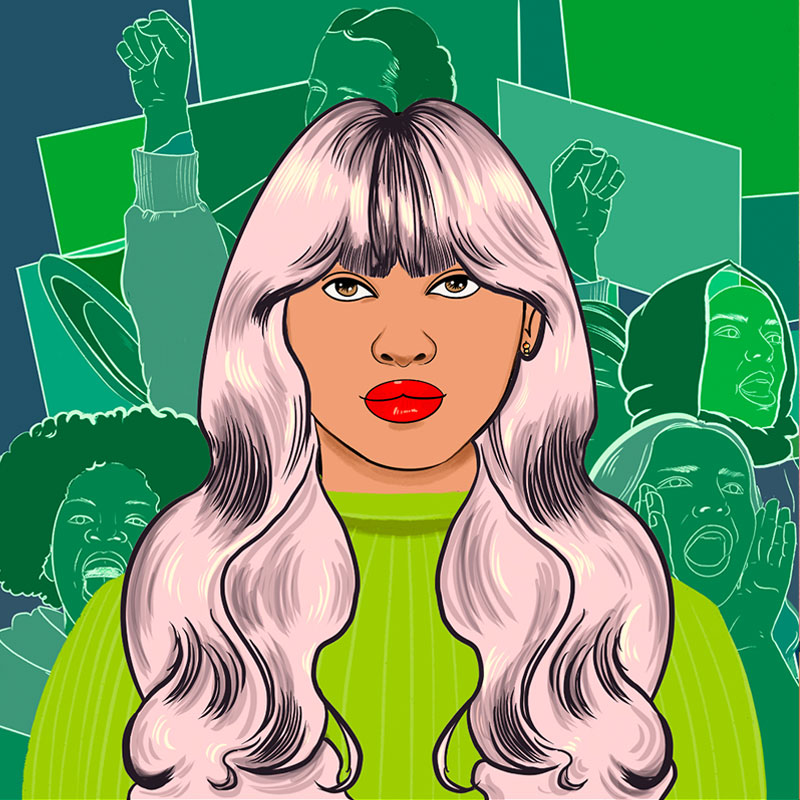 A Woman Rise NFT with pastel pink hair, tan skin, red lips, and a green sweater. The green background shows women at a protest.