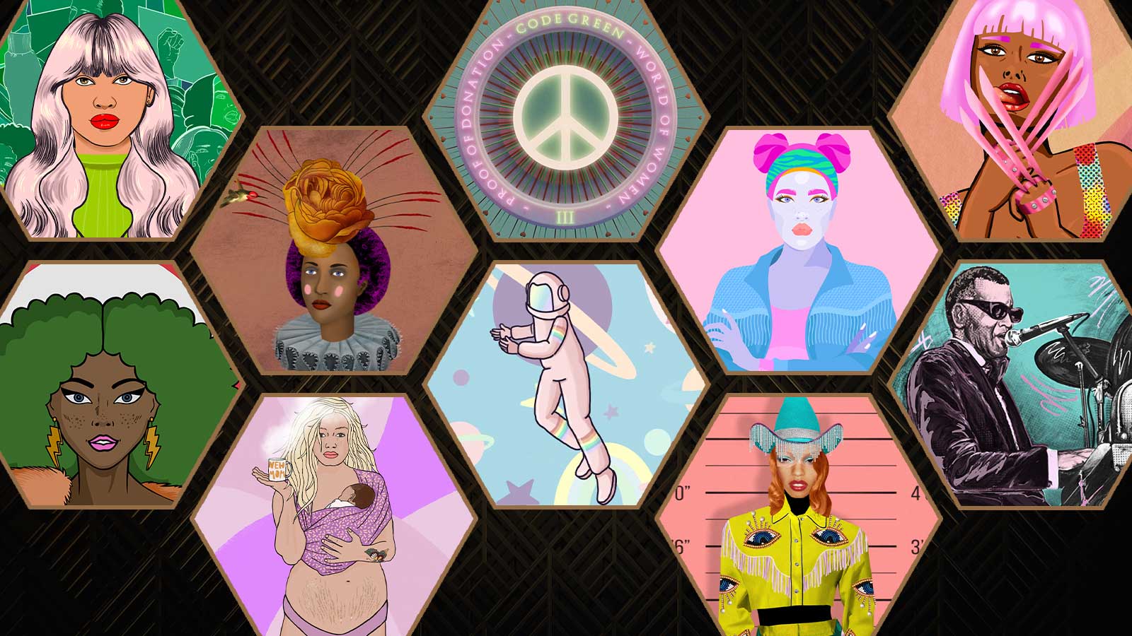 A collage of hexagon frames against a black background featuring NFTs from collections including Computer Cowgirls, HUG, and Flower Girls.